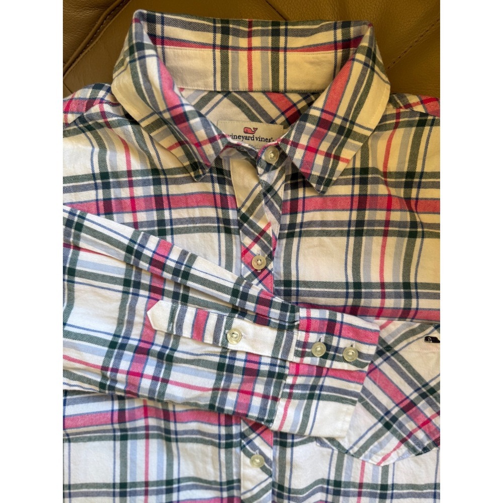 Vineyard Vines Womens Plaid Button Down Shirt Pink Blue White Cotton Whale Logo